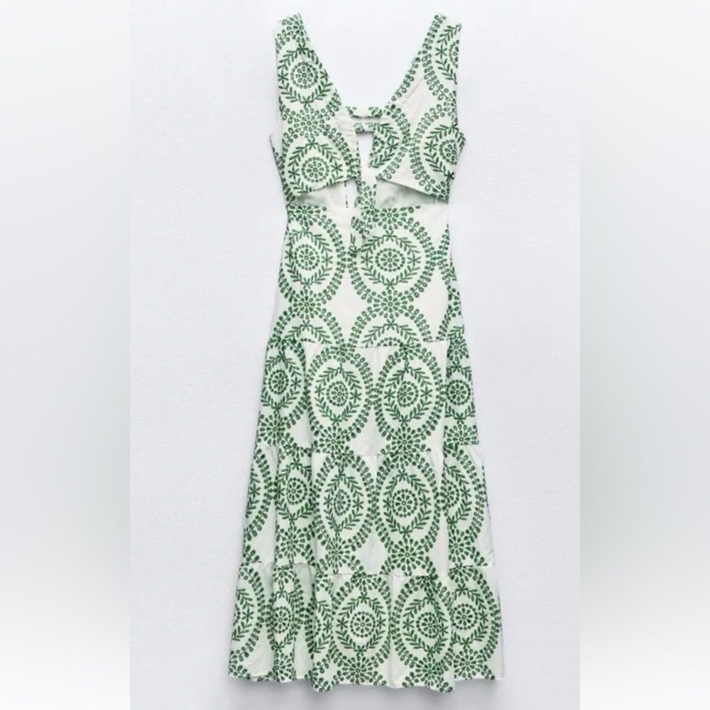 ZARA | Green Patterned Embroidered Sleeveless Dress | SIZE XS